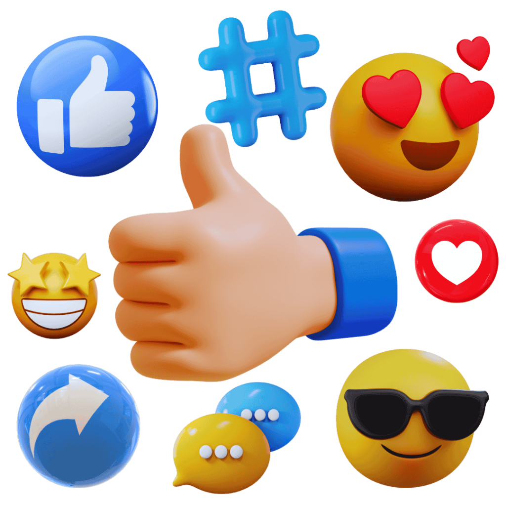 Thumbs-up surrounded by emojis, hashtag, and like icons, symbolizing engagement through a social media management agency.