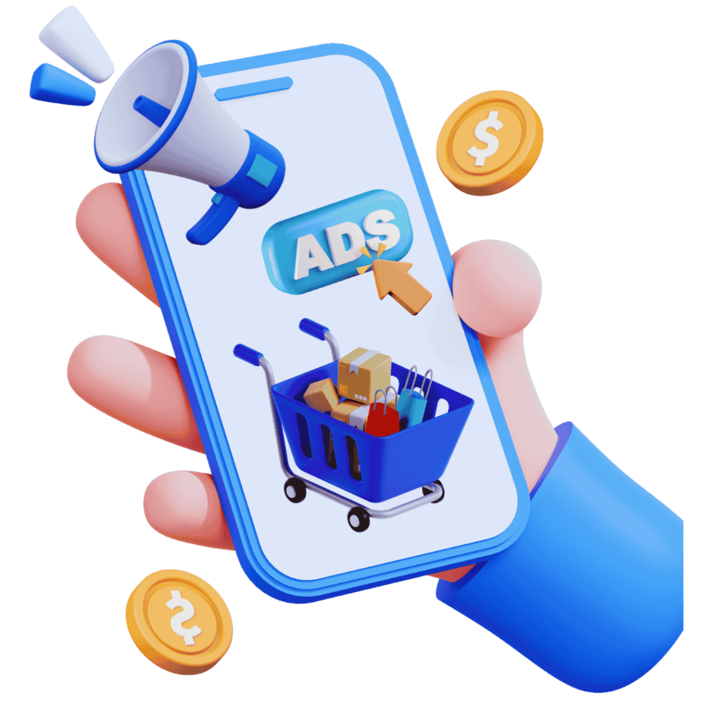 Mobile phone with a megaphone, shopping cart, and coins symbolizing eCommerce Marketing Agency services.