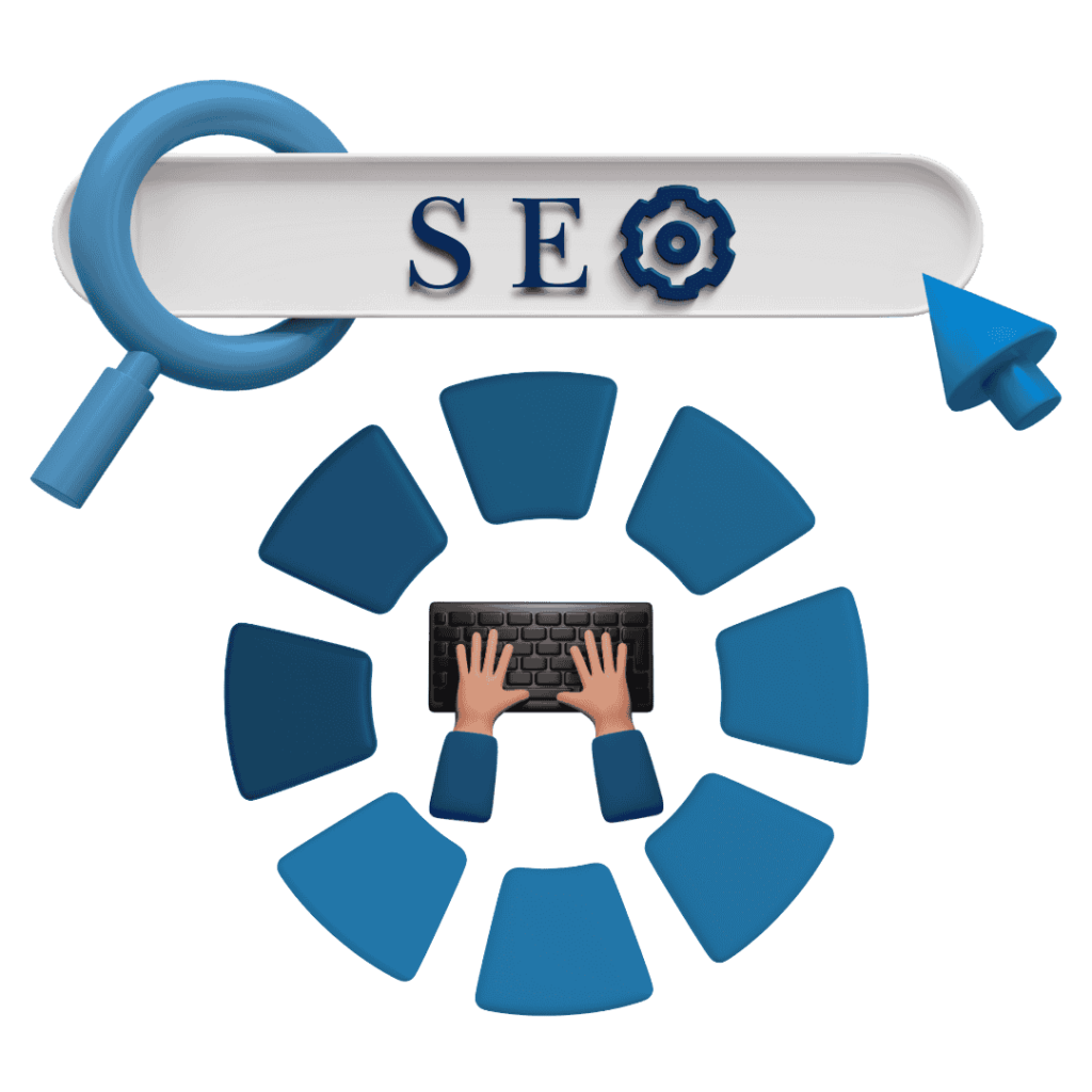 SEO experts leveraging tools like magnifying glass, gear icons, and typing for strategic website optimization.