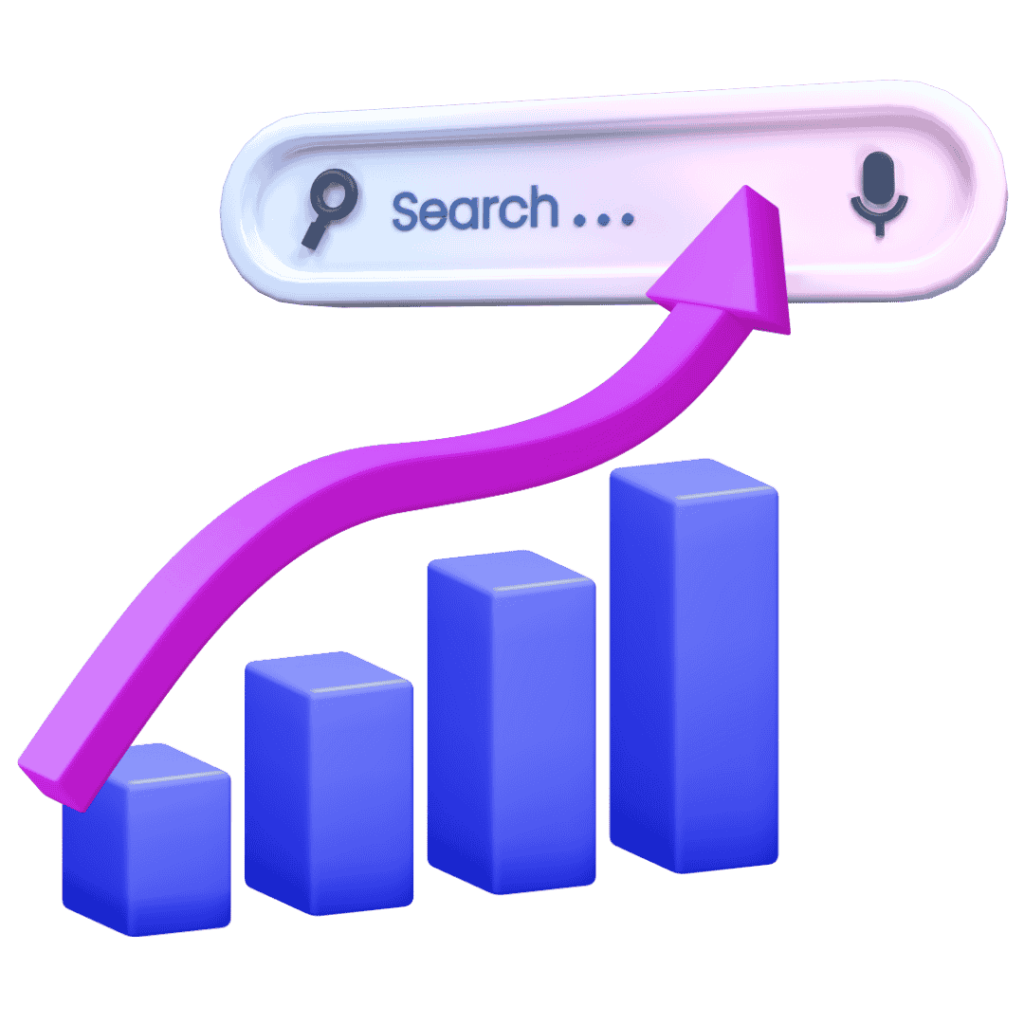 Search Engine Marketing Company optimizing rankings with a search bar, graph, and upward arrow for digital growth.