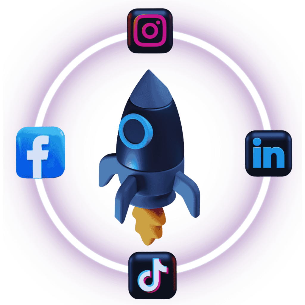 A rocket surrounded by Facebook, Instagram, LinkedIn, and TikTok icons, symbolizing social media marketing growth.